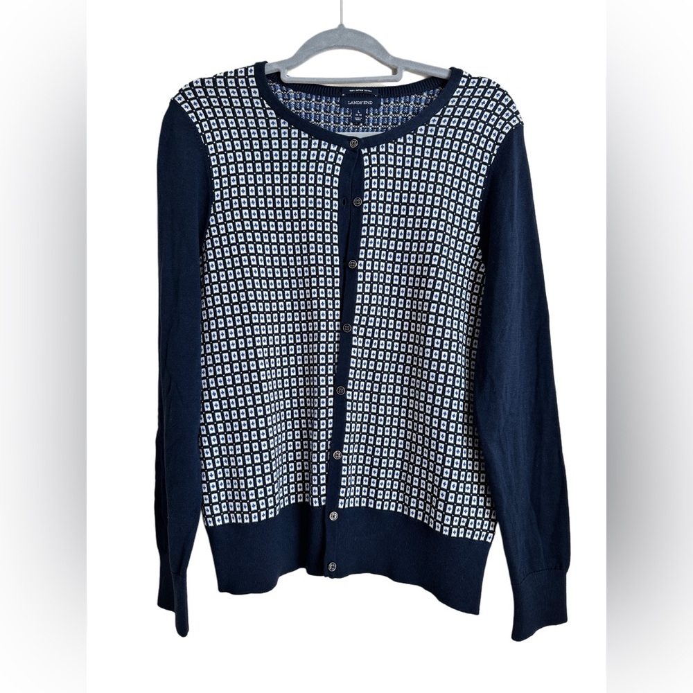 Lands End Navy Mod Geometric Supima Cotton Cardigan Sz L